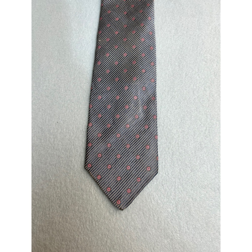 Robert Talbott Tie Grey Hand Sewn Silk Diagonal Stripe Pink Medallion USA